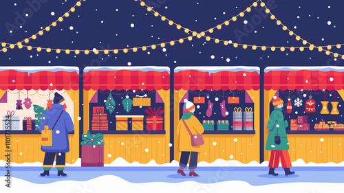 A bustling outdoor market at night, adorned with twinkling string lights hanging above rows of festive stalls.