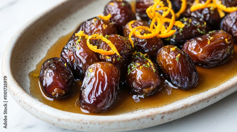 Fresh dates on a ceramic platter, styled with orange zest curls and a drizzle of caramel sauce Fresh dates on a ceramic platter, styled with orange zest curls and a drizzle of caramel sauce