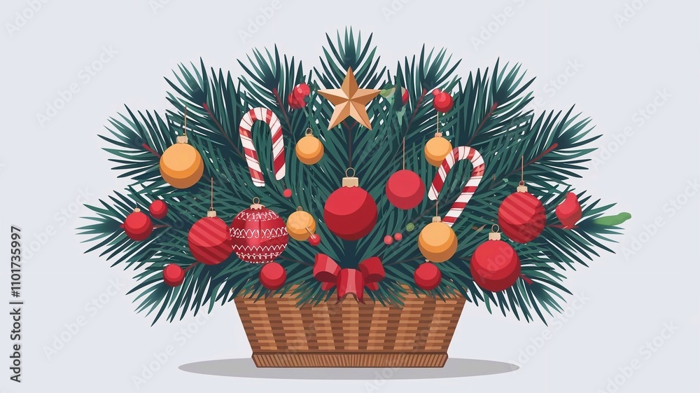 Christmas branches border with Christmas decorations on a white background