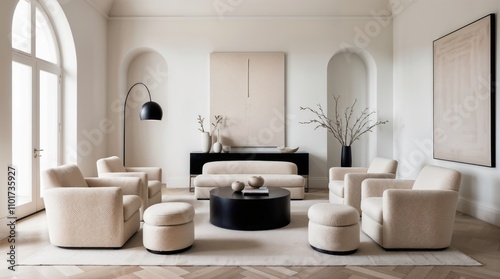 Neutral Living Room with Archways, Armchairs, Ottomans, & Abstract Art