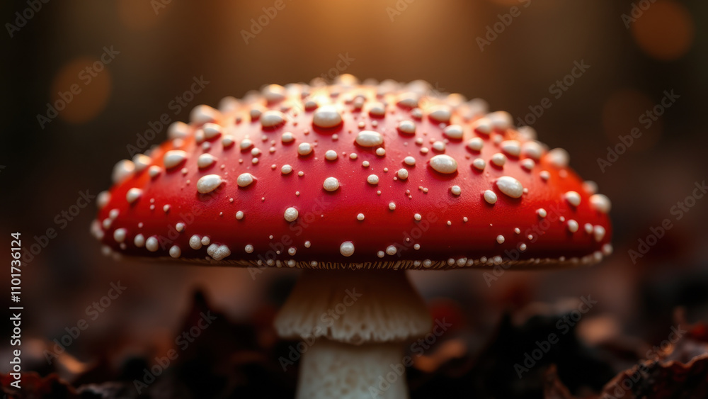 Obraz premium Close-up image of a red mushroom with white spots on top, glowing from below, with brown leaves around it.