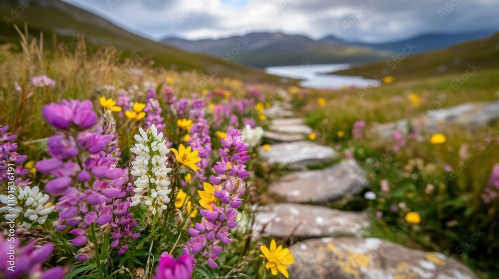 Obraz premium Wildflowers bloom vibrantly along a stone path in a serene mountain landscape, AI