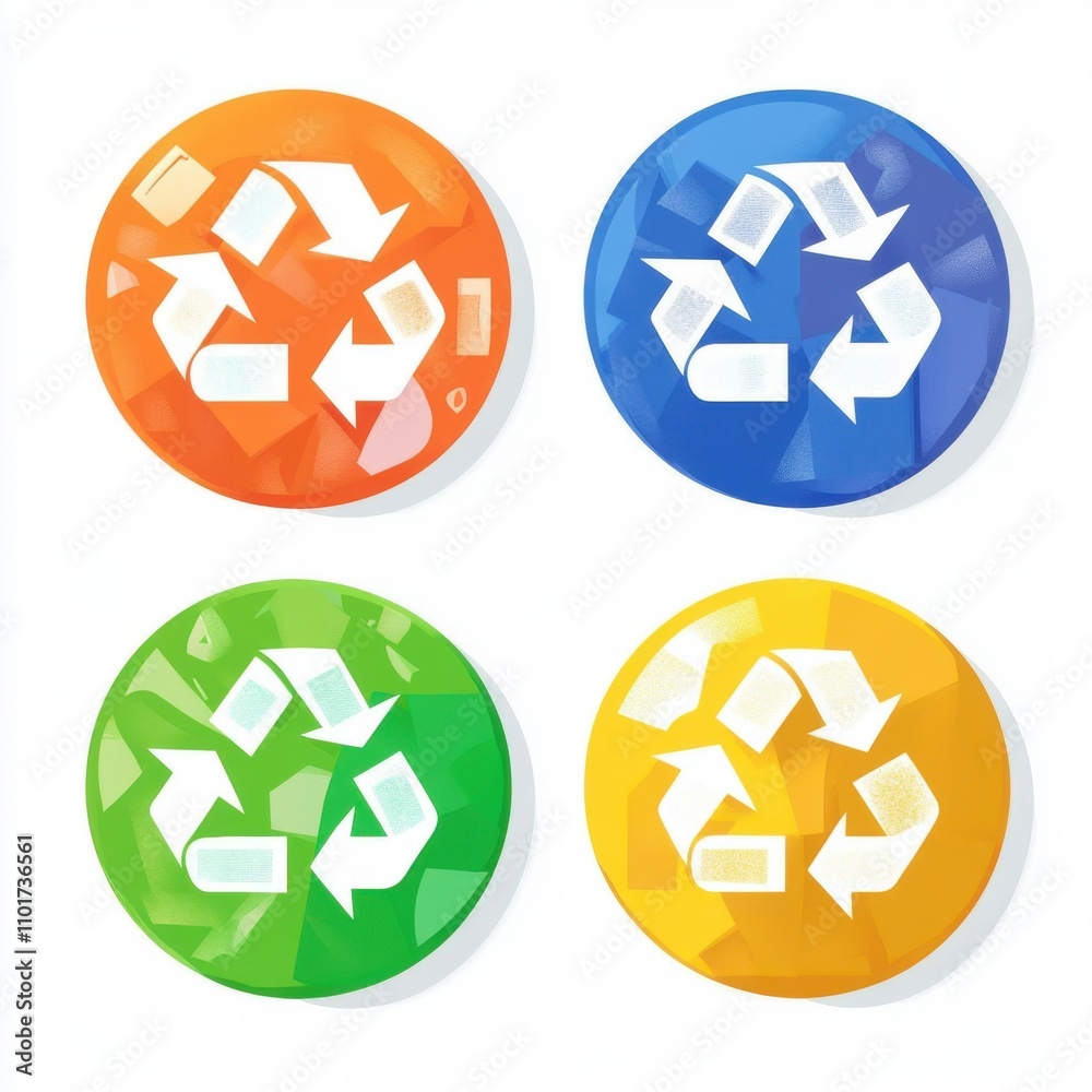 Colorful recycling symbols on circular backgrounds representing environmental awareness and sustainability. Colorful recycling symbols on circular backgrounds representing environmental awareness and sustainability.