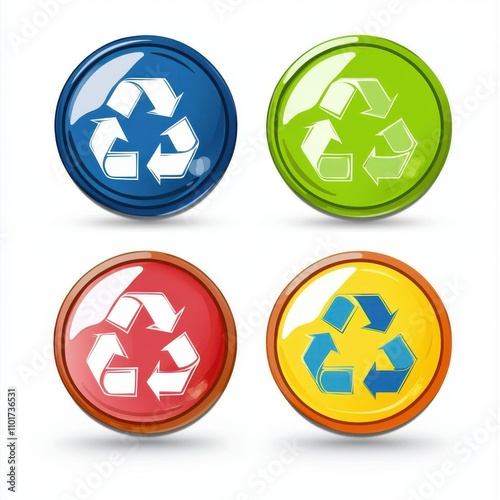 Colorful set of recycling icons featuring the classic recycling symbol in blue, green, red, and yellow. photo