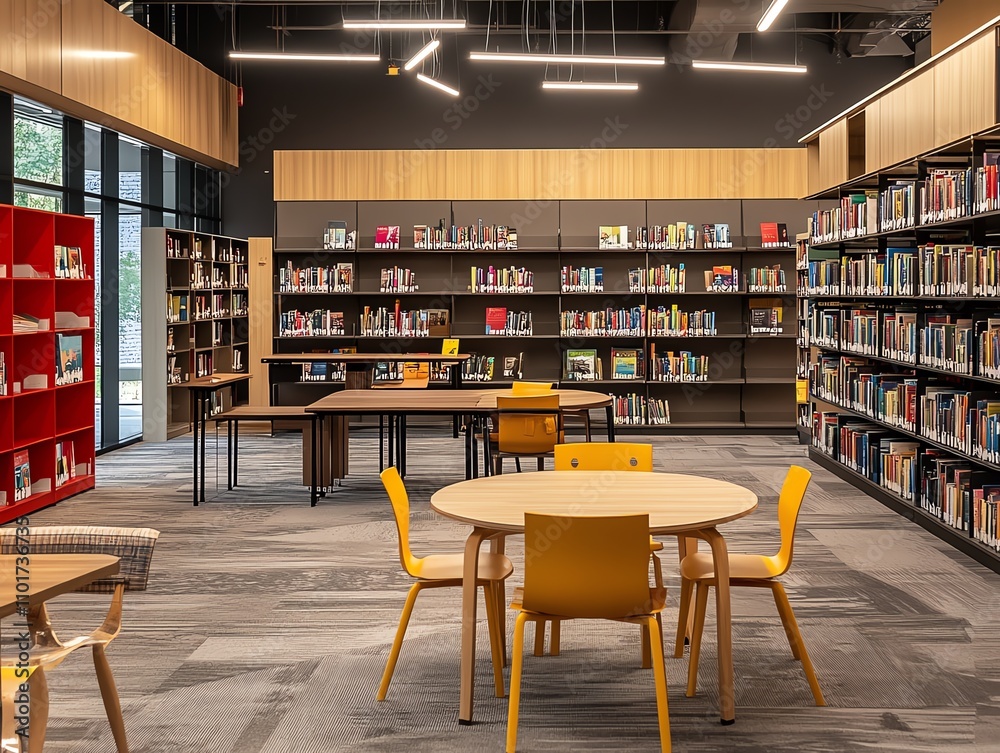 Modern library interior with bookshelves, tables, and chairs. Ideal for studying, reading, and research. Bright and spacious. Modern library interior with bookshelves, tables, and chairs. Ideal for studying, reading, and research. Bright and spacious.