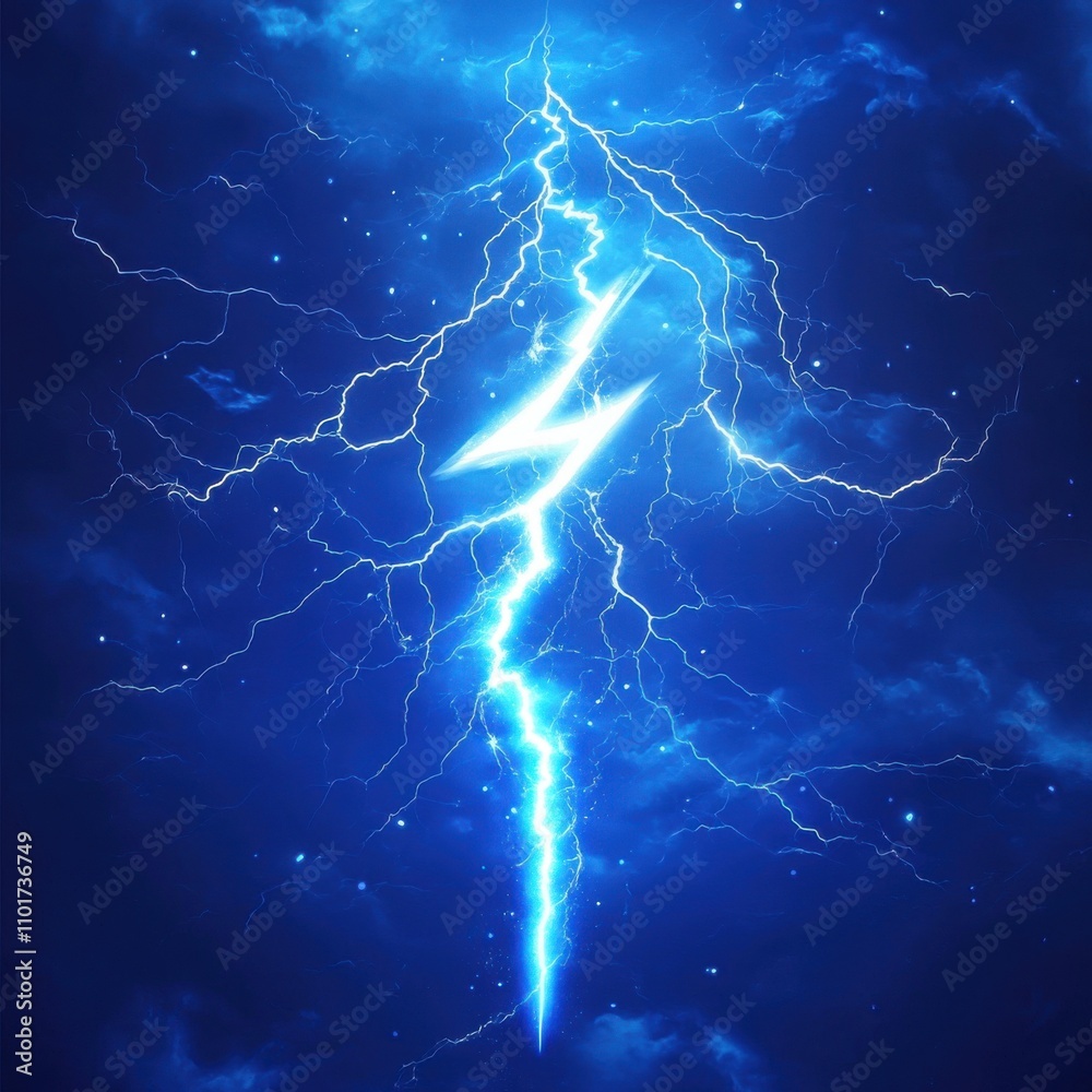 A striking blue lightning bolt illuminates the dark sky, creating a dramatic and electrifying atmosphere.