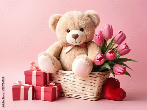 Adorable Teddy Bear with Tulips and Gifts in a Basket on Pink Background