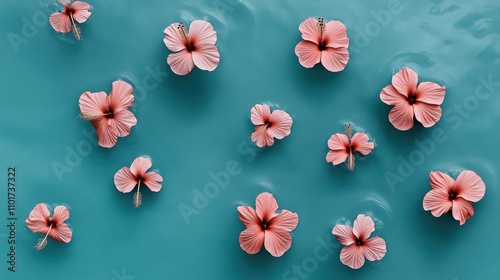 Wallpaper Mural A serene arrangement of pink hibiscus flowers floating on calm, turquoise water with soft ripples surrounding each bloom, capturing a tranquil and tropical essence. Torontodigital.ca