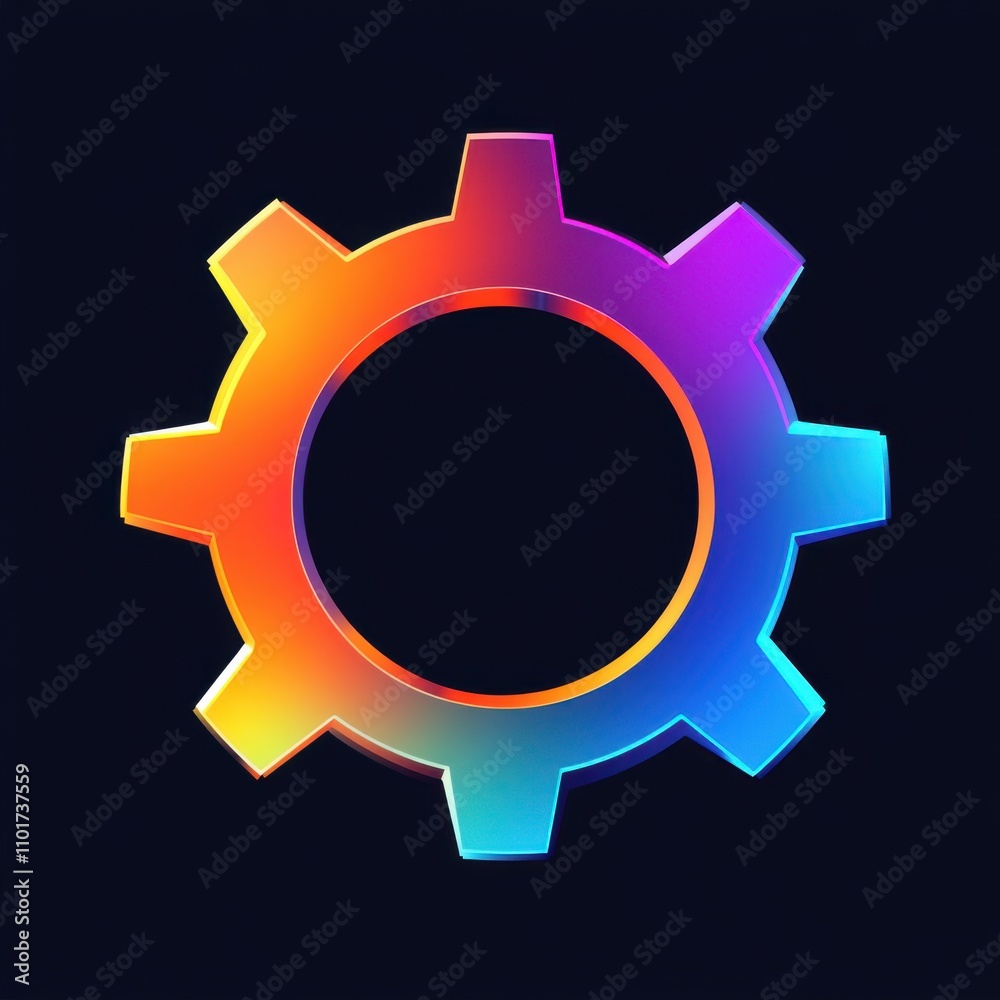 Vibrant multicolor gear icon against a dark background, symbolizing technology and innovation. Vibrant multicolor gear icon against a dark background, symbolizing technology and innovation.
