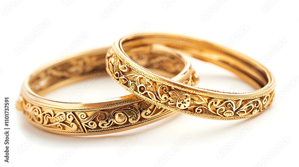 A pair of intricately designed gold bangles showcasing detailed craftsmanship and elegance. A pair of intricately designed gold bangles showcasing detailed craftsmanship and elegance.