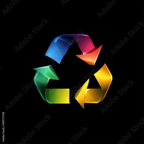 Colorful 3D recycle symbol with vibrant arrows on a black background, promoting sustainability and eco-friendliness. photo