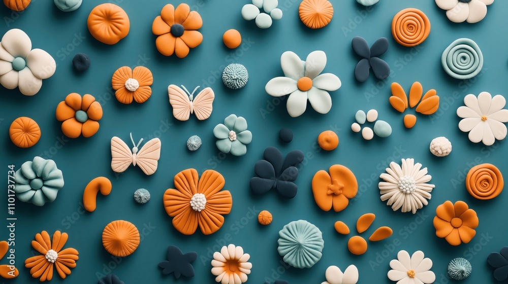 Colorful clay flowers and butterflies arranged in a pattern on a teal background, showcasing various shapes and textures in orange, white, and blue. Colorful clay flowers and butterflies arranged in a pattern on a teal background, showcasing various shapes and textures in orange, white, and blue.