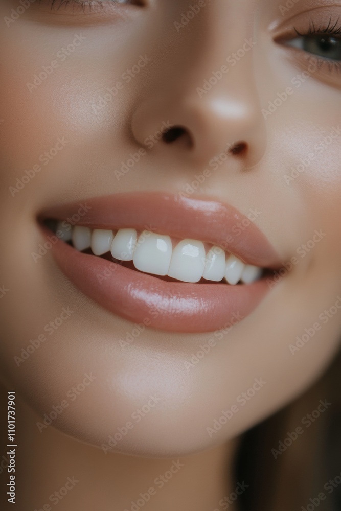 Naklejka premium A young woman smiles warmly, displaying her perfect white teeth and glossy lips. Her makeup is subtle, enhancing her natural beauty against a neutral backdrop