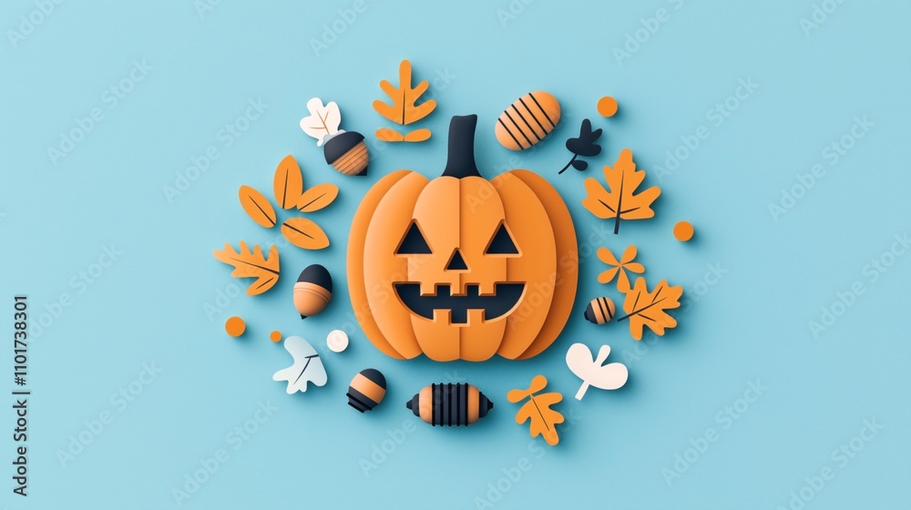 Fototapeta premium Colorful paper cutout style illustration of a Halloween pumpkin with autumn leaves and acorns on a light blue background