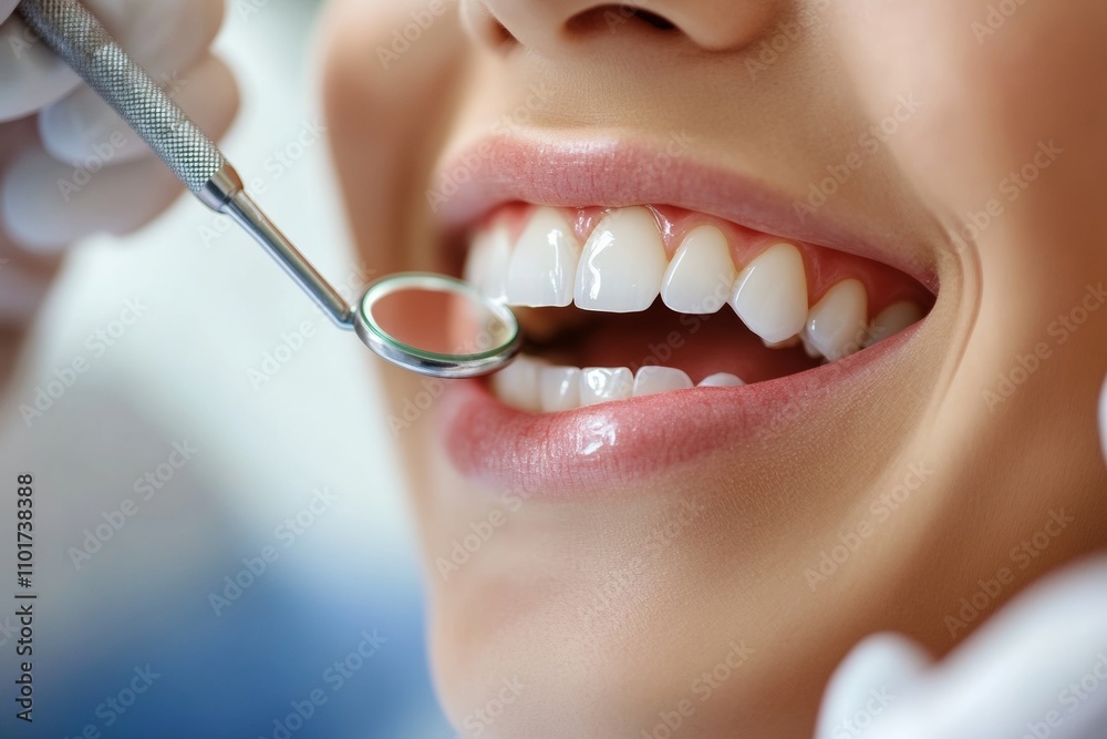 Fototapeta premium A patient smiles as a dentist examines their teeth using a mirror and dental tool in a modern clinic setting. The atmosphere is clean and professional, promoting oral health