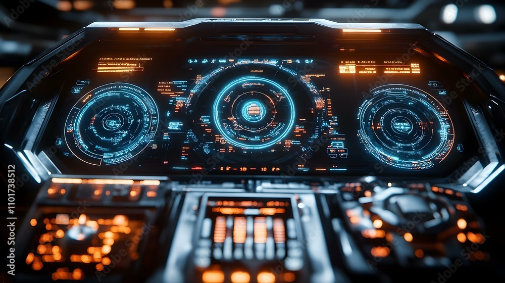 High-Tech Glossy Dashboard with Holographic Displays for Sci-Fi Promotions High-Tech Glossy Dashboard with Holographic Displays for Sci-Fi Promotions