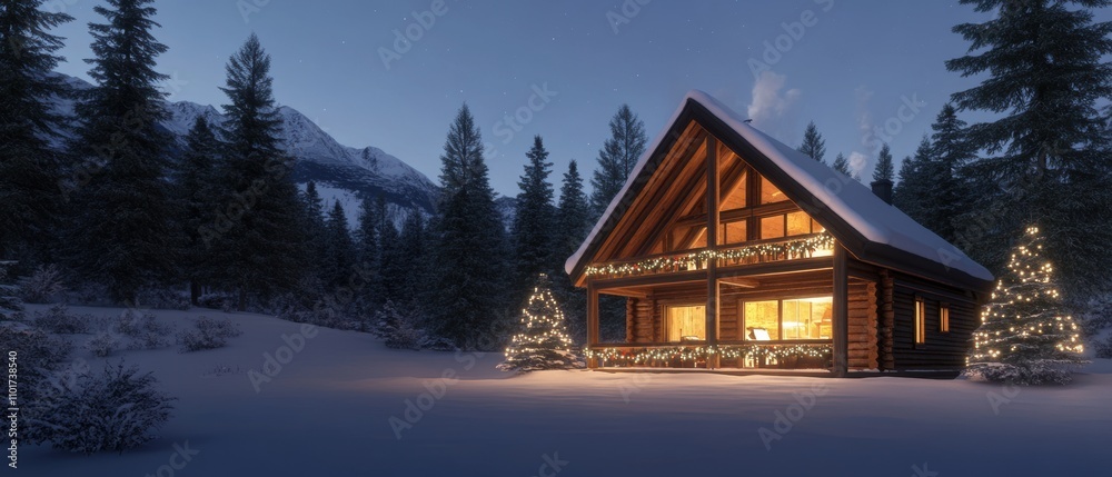 Cozy Winter Cabin Illuminated by Warm Light Surrounded by Snow-Covered Trees in Winter Landscape, Perfect for Holiday and Winter Season Imagery Cozy Winter Cabin Illuminated by Warm Light Surrounded by Snow-Covered Trees in Winter Landscape, Perfect for Holiday and Winter Season Imagery