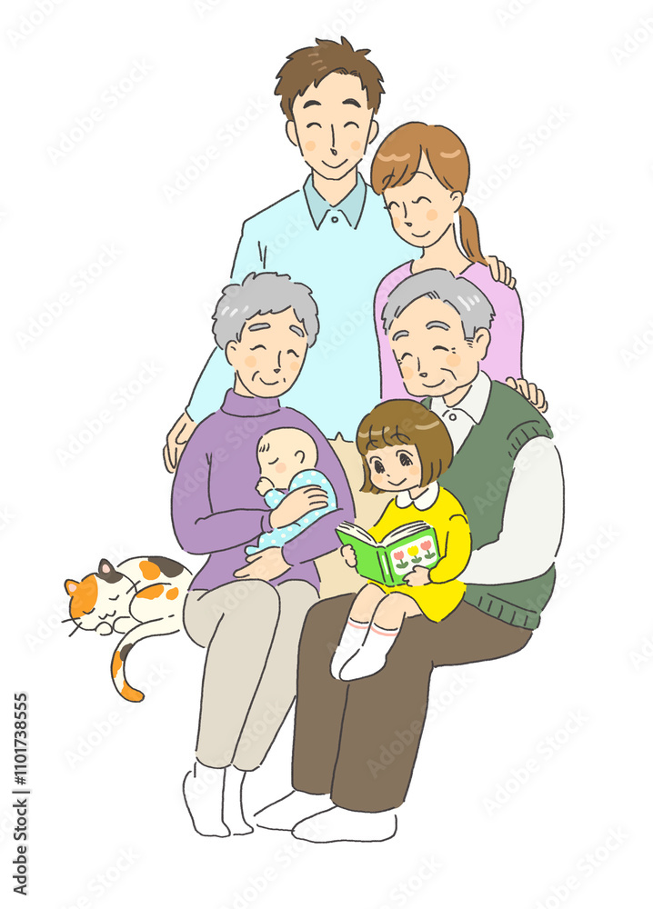 笑顔で仲良しなペットのいる三世代家族のイラスト 笑顔で仲良しなペットのいる三世代家族のイラスト