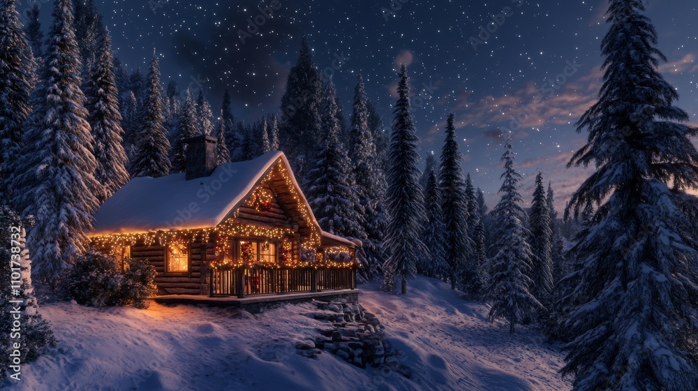 Cozy Winter Cabin Surrounded by Snowy Pine Trees Under a Starry Night Sky with Beautiful Christmas Lights and a Warm Glow from the Windows Cozy Winter Cabin Surrounded by Snowy Pine Trees Under a Starry Night Sky with Beautiful Christmas Lights and a Warm Glow from the Windows