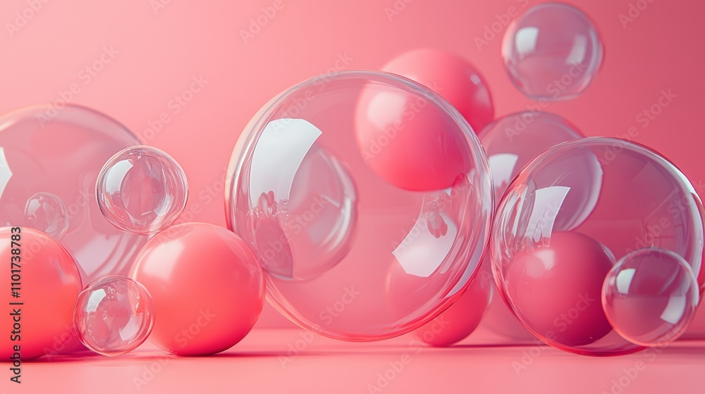 Transparent glass bubbles on a pink background Transparent glass bubbles on a pink background
