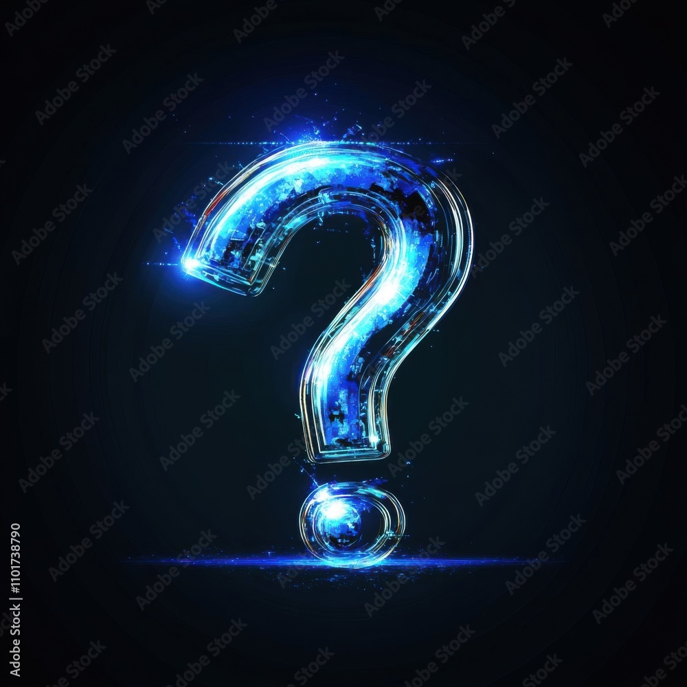 Naklejka premium A vibrant blue glowing question mark against a dark background, symbolizing curiosity and inquiry.