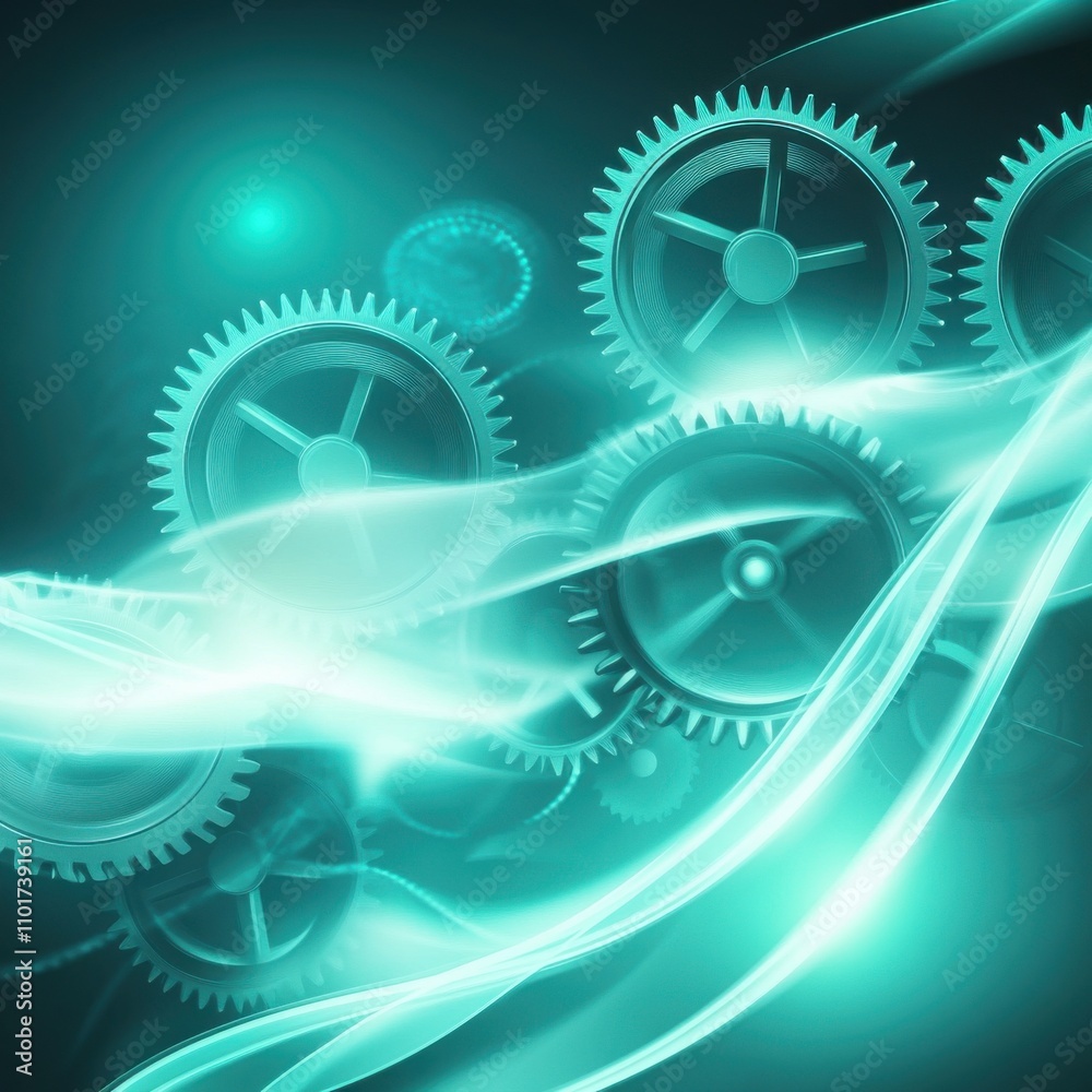 Abstract image of translucent gears in teal tones, symbolizing technology and innovation.