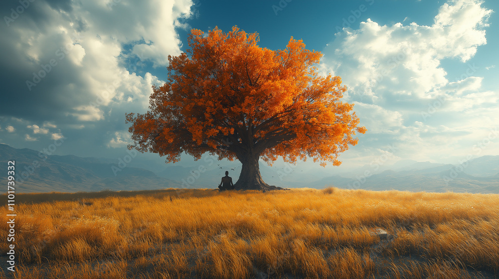 Serene Autumn Tree with Vibrant Foliage in a Peaceful Landscape Serene Autumn Tree with Vibrant Foliage in a Peaceful Landscape