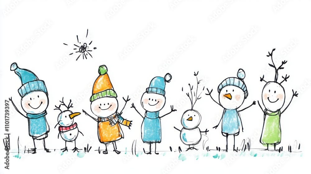 Colorful and Cheerful Winter Scene Featuring Smiling Children and Snowmen in Festive Attire Celebrating Timeless Joy Colorful and Cheerful Winter Scene Featuring Smiling Children and Snowmen in Festive Attire Celebrating Timeless Joy