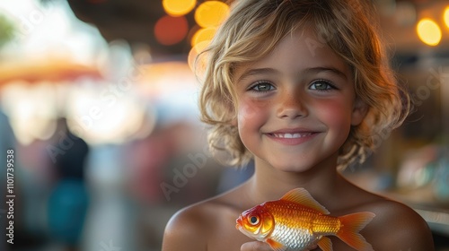 Happy toddler boy holding a toy goldfish, smiling at the camera. photo