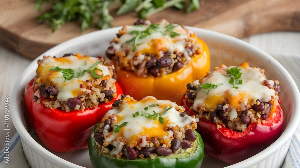 Savory stuffed bell peppers with quinoa, black beans, and cheese, baked and served in white casserole dish with garnish