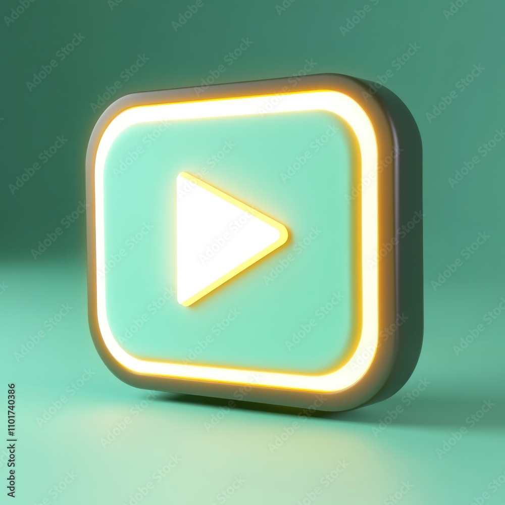 3D rendering of a vibrant play button icon glowing against a turquoise background. 3D rendering of a vibrant play button icon glowing against a turquoise background.