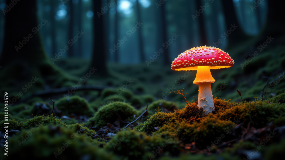 Fototapeta premium A glowing red mushroom in a forest setting at night, with mossy ground and dark trunks in the background.