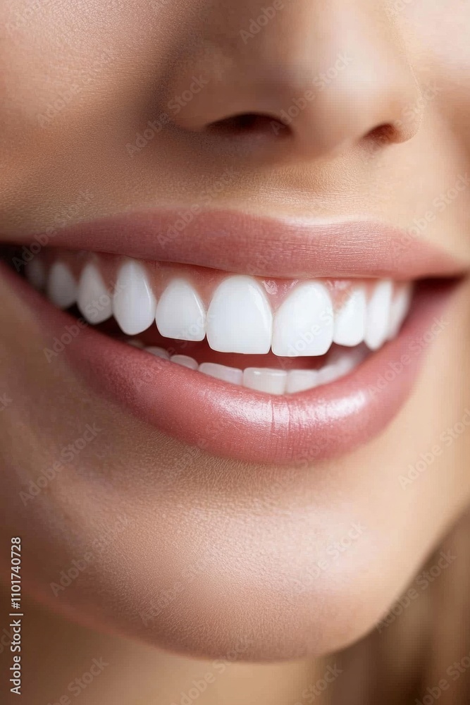 Obraz premium A person displays a dazzling smile with straight, white teeth and naturally pink lips, emphasizing oral health and hygiene in a bright setting