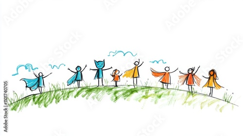 Colorful Stick Figures Celebrating Together with Capes and Joy on a Green Hill Under a Blue Sky