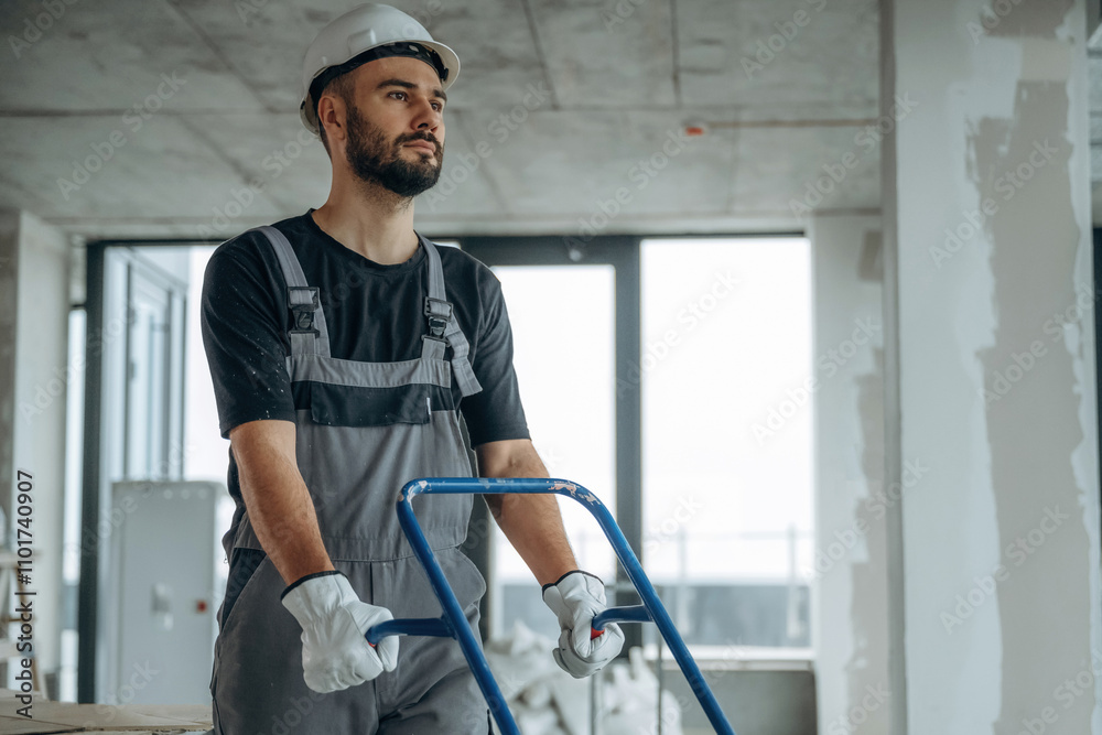 A man is renovating an unfinished room A man is renovating an unfinished room