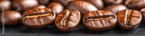 Closeup fresh roasted Arabian or aroma coffee beans background. Food pattern. Love organic coffee concept backdorp. Top view, flat lay with copy space for cafe advertising, package design photo