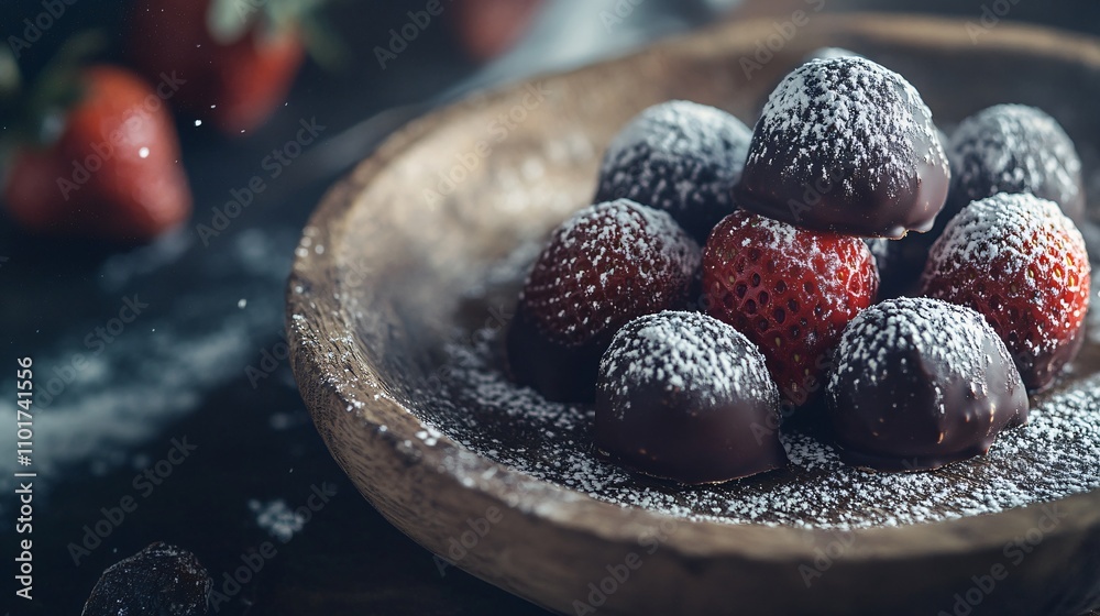 Close up of chocolate-covered strawberries on a rustic wooden plate, styled with powdered sugar Close up of chocolate-covered strawberries on a rustic wooden plate, styled with powdered sugar