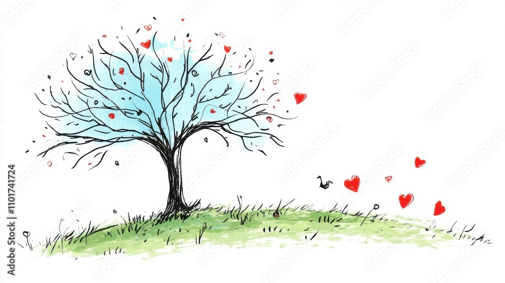 Artistic Illustration of a Tree with Colorful Hearts and a Bird in a Serene Natural Setting Artistic Illustration of a Tree with Colorful Hearts and a Bird in a Serene Natural Setting