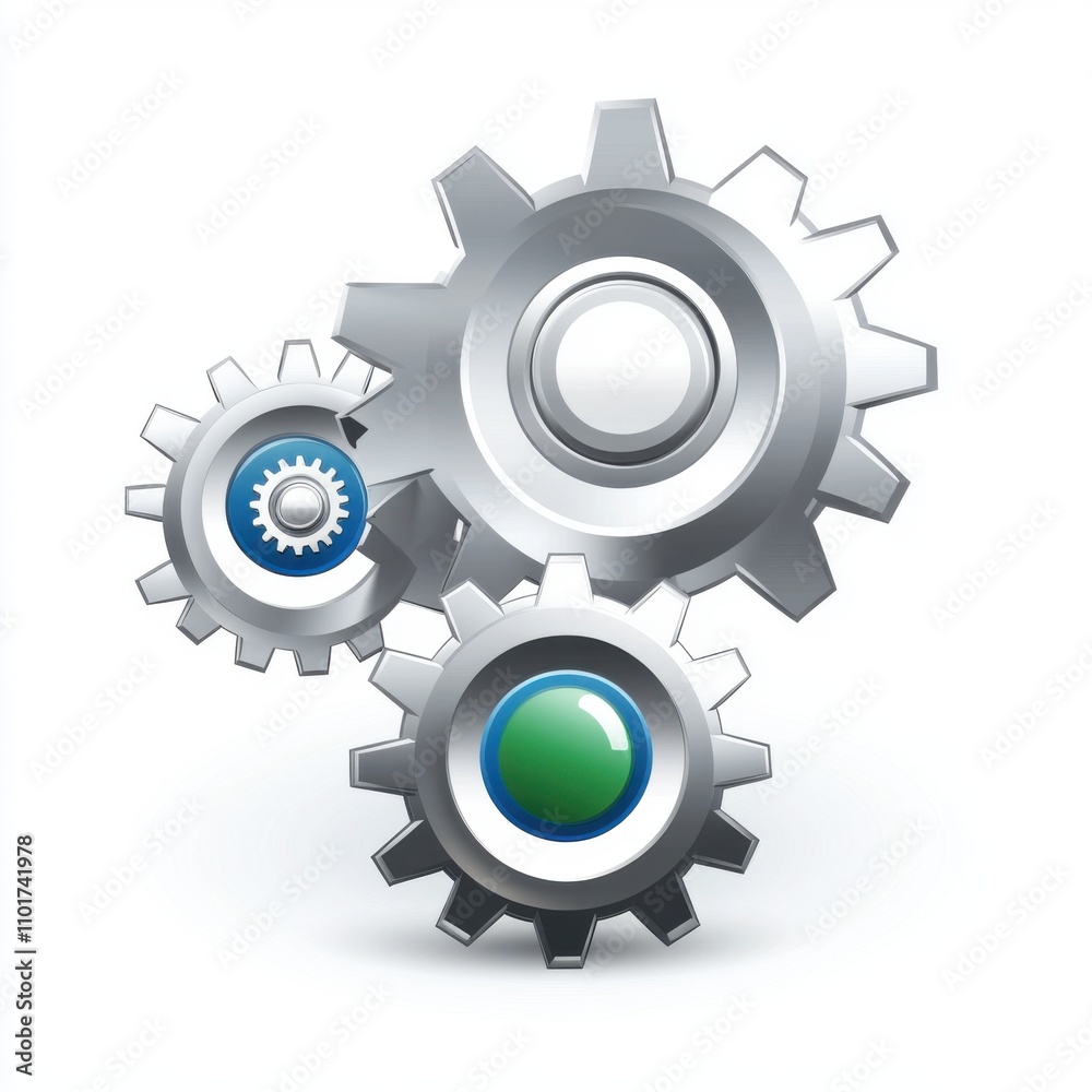 Three metallic gears interlocking in a dynamic arrangement, symbolizing teamwork and efficiency. Three metallic gears interlocking in a dynamic arrangement, symbolizing teamwork and efficiency.