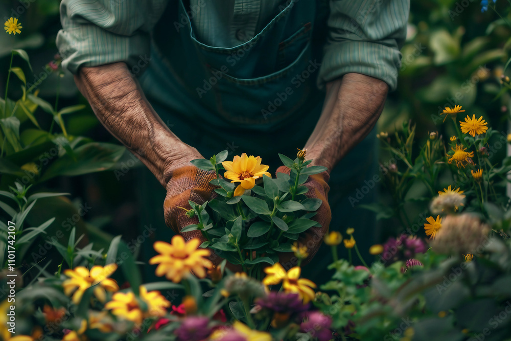 Generative AI Image of Gardener Caring for Flowers and Plants in a Vibrant Greenhouse Garden Generative AI Image of Gardener Caring for Flowers and Plants in a Vibrant Greenhouse Garden
