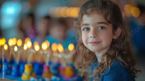 Little jewish girl celebrates hanukkah holiday with candles in the background photo