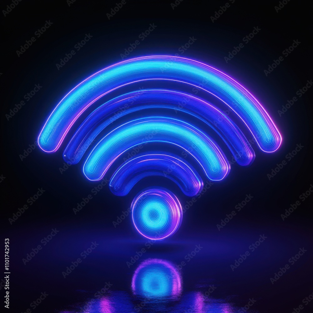 A vibrant, glowing Wi-Fi symbol in neon blue and pink hues against a dark background. A vibrant, glowing Wi-Fi symbol in neon blue and pink hues against a dark background.