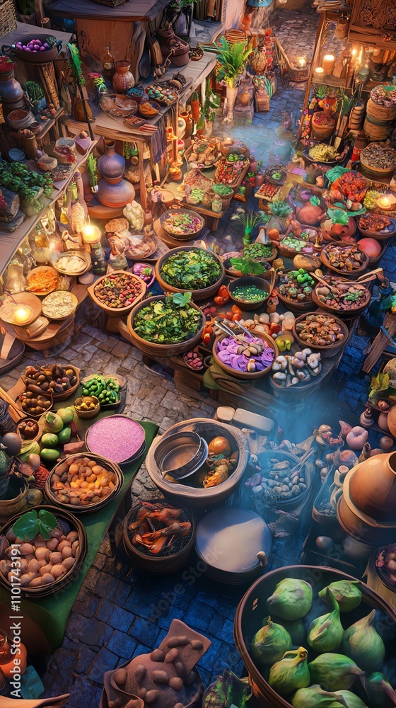 Naklejka premium Vibrant overhead shot of an exotic marketplace overflowing with colorful spices, herbs, and fresh produce. Rich textures and warm lighting create a captivating scene.