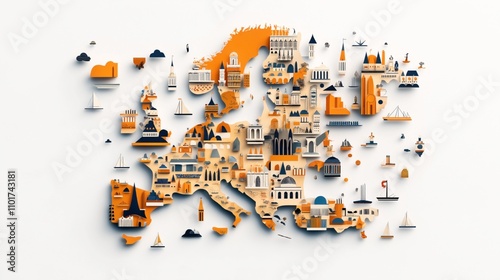 Wallpaper Mural Abstract map illustration of Europe with stylized landmarks, buildings, and geographical features in orange and navy tones, including boats, clouds, and architectural icons. Torontodigital.ca