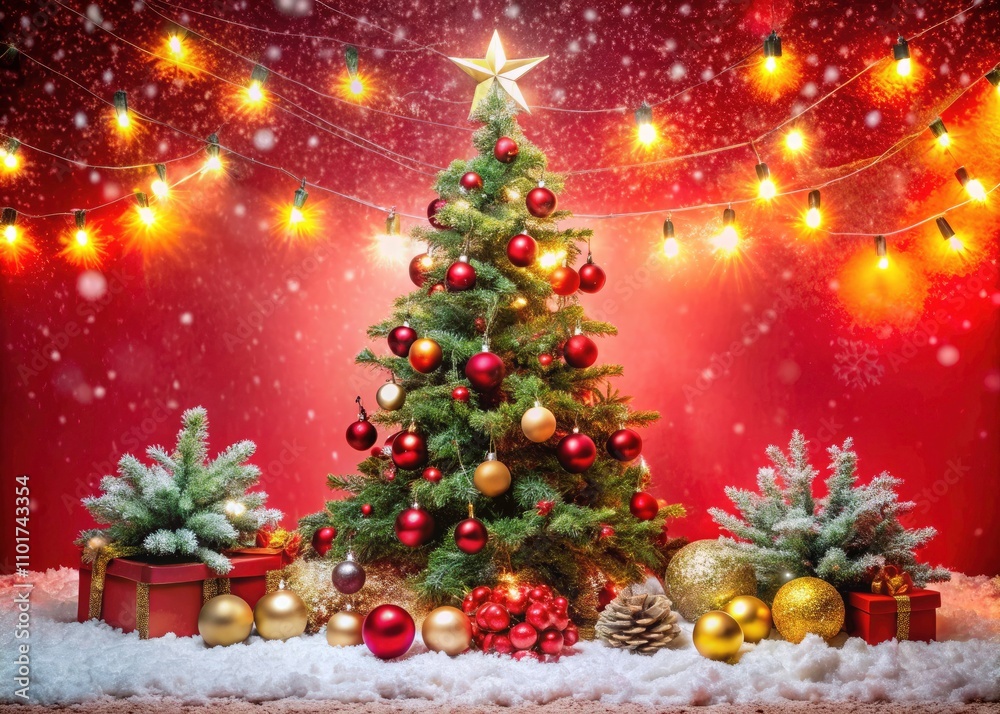 Festive Red Holiday Background with Christmas Tree and Decorations for a Joyful Atmosphere, Perfect for Winter Celebrations and Seasonal Greetings
