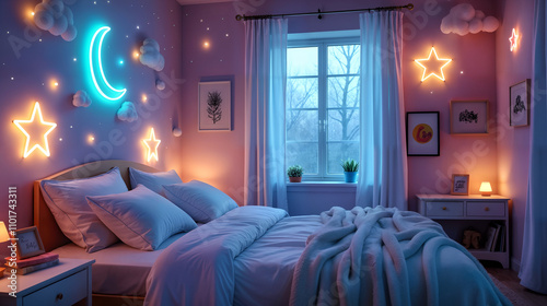 Cozy Whimsical Bedroom with Neon Lights