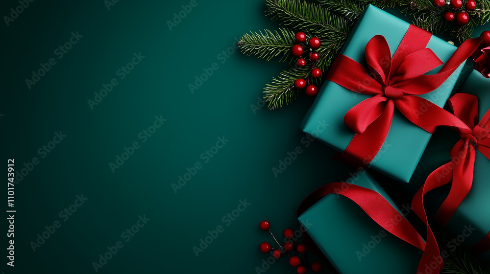 Festive Christmas gift box with red ribbon on a dark green background, flat lay top view, with copy space. New Year's present wrapped in turquoise paper and adorned with holly berries. Ideal for holid