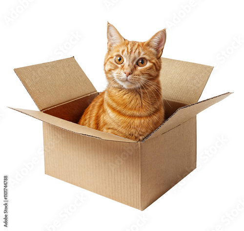 Adorable orange tabby cat sitting inside a square carton box isolated on a transparent background