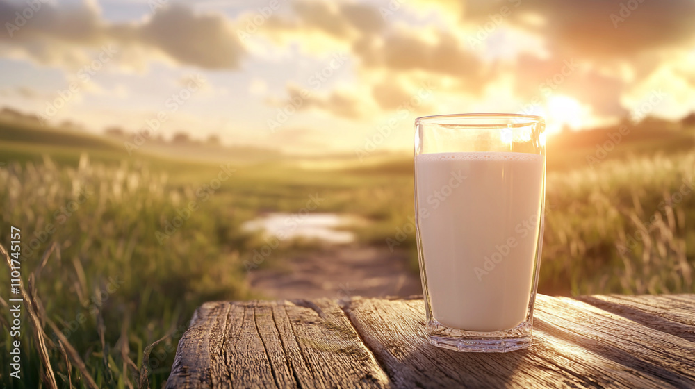 Glass of Milk at Sunset in Rural Field Glass of Milk at Sunset in Rural Field
