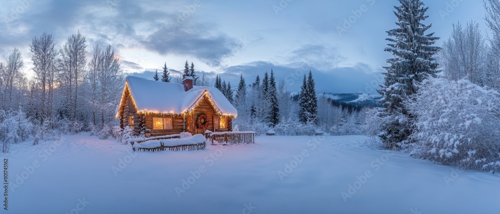 Cozy winter cabin adorned with festive lights surrounded by a serene snowy landscape at dusk, capturing the essence of a peaceful holiday season Cozy winter cabin adorned with festive lights surrounded by a serene snowy landscape at dusk, capturing the essence of a peaceful holiday season